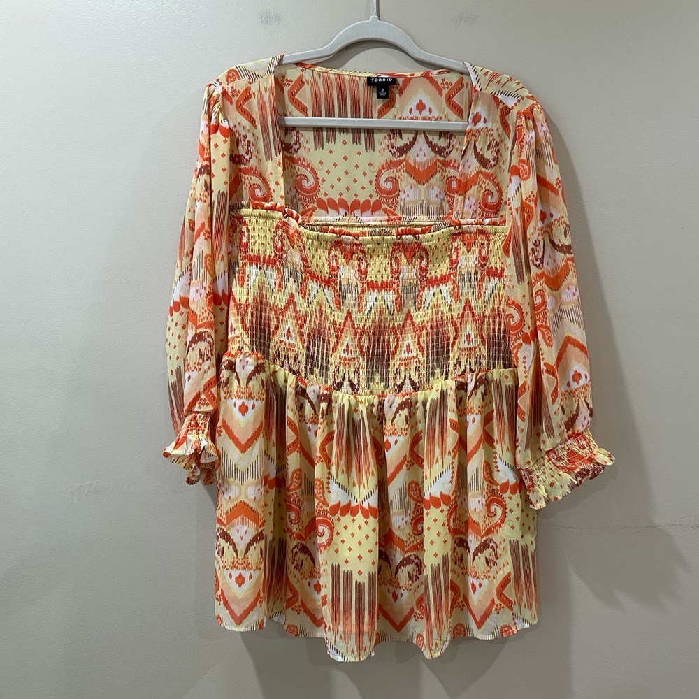 Torrid Yellow Orange Geometric Tribal Print Smocked Babydoll Top Women Plus 2X